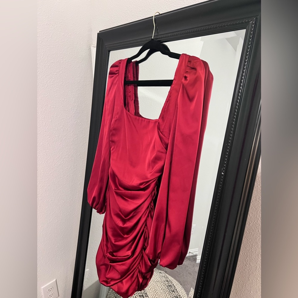 OH POLLY satin burgundy mini puff sleeve dress